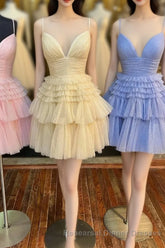 Cute Tulle V-Neck Short Semi Formal Prom Dress, A-Line Homecoming Party Dress